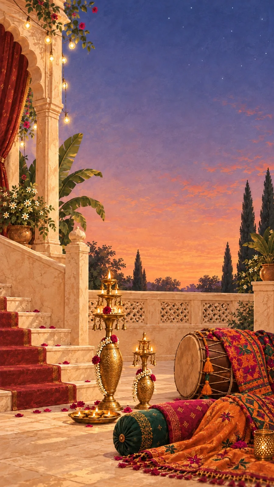 A terrace at dusk prepared for the Jaago: tall slim brass jaago lamps garlanded with jasmine and roses, a thali of diyas, a dhol and folded phulkari textiles, with string lights by the arch.